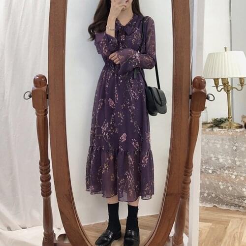 Vintage Maxi Dress for Women Party Long Sleeve Cute Sweet Japan Korean Chic Design Retro Floral Purple Bow Tie Dress Autumn 2021
