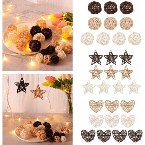 10PCS Rattan Ball Heart Stars Wood White Natural Vine Hanging Pendants Xmas Tree Ornament DIY Wreath Accessories Party Supplies