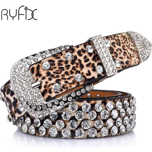 2021 womens belt leopard pattern,PU leather Full Crystal studded belt rivet strap Western belts for women Jeans BL288