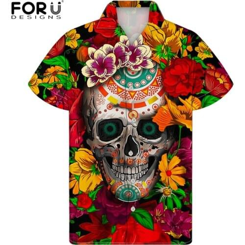 FORUDESIGNS Skeleton Flowers Printing Boys Fashion 5XL Hawaiian Style Blusas Couple Tun-down Collar Blouse Top Oversized Shirt