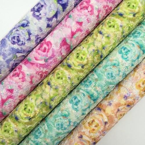 Amonglitter Wholesales Leather Supplier Rose Printed Lace Synthetic Faux Leather Vinyl Fabric Felt Backing Bows 21X29CM MB125