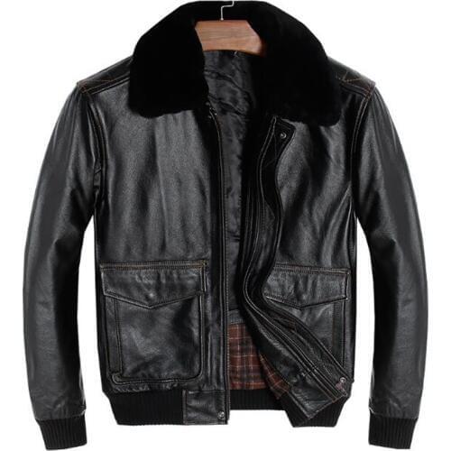 Avirex Fly Air Force Flight Jacket Fur Collar Genuine Leather Jacket Men Winter Black Sheepskin Coat Pilot Bomber Jackets