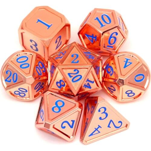 Haxtec Metal DND Dice Set Classic Collection D&D Polyhedral Metal Dice for TTRPG-Copper/Rosegold Blue Numbers