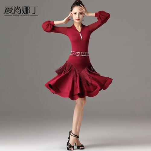 2021New Latin dance long-sleeved tassel dress professional female adult new Costumes
