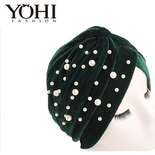 New velvet Indian hat retro fashion hat pearl beads Winter Warm Turban Cross India Cap for women Hijab women Turbante