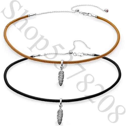 Authentic 925 Sterling Silver Leather Feather Fashion Choker Pendant Necklace Fit Pandora Women Bead Charm Gift DIY Jewelry