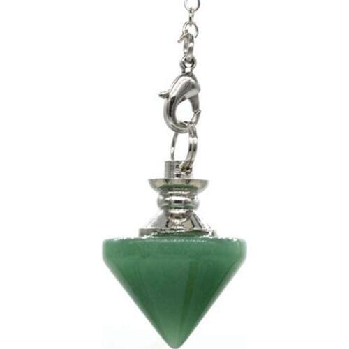 KFT Silver Plated Natural Green Aventurine Cone Reiki Pendulum Stone Pendant with Metal Ball Chain Jewelry