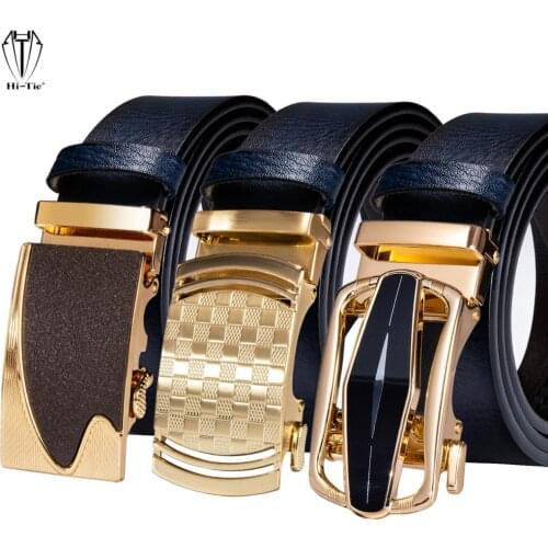 Luxury Dark Blue Genuine Leather Mens Belts Gold Black Automatic Buckles Ratchet Male Waist Strap for Dress Jeans Daily Business