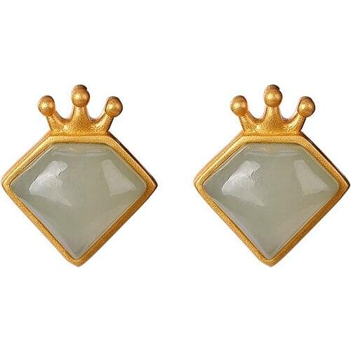 S925 sterling silver gold plated Hetian gray jade Stud Earrings Vintage graceful personality fashion crown for Women earrings