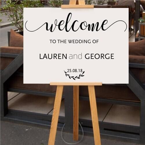 Wedding Welcome Sign Decal Rustic Wood Wedding Decor Stickers Bride and Groom Names Wedding Date Customized Vinyl Mural LC1762