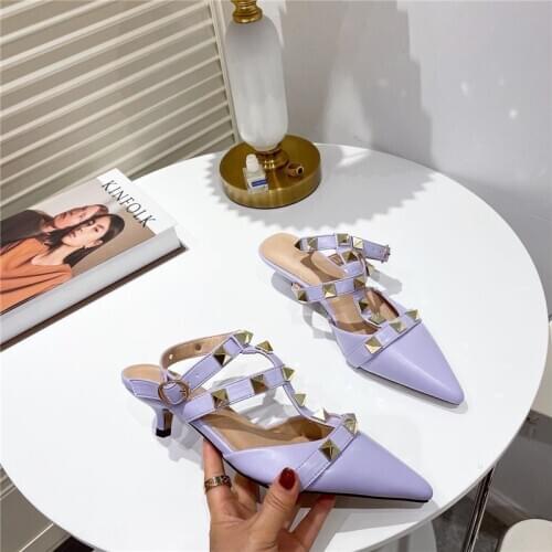 New pump high heels ladies low sandals rivet design luxury high heels sandals female pointed high heels women shoes