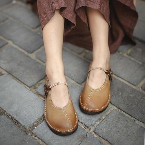 Mary Jane Shoes For Women Handmade Soft Leather Flats Retro Round Toe Designer Shoes Coffee/Brown
