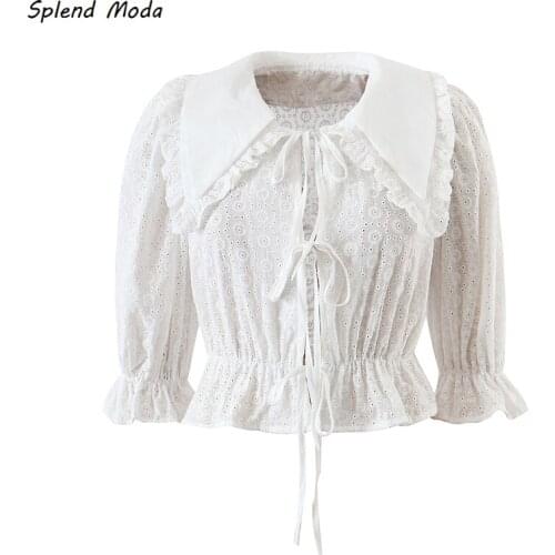 Splend Moda French Vintage Turn Down Collar Tie Shirt Embroidered Women Summer Puff Sleeve Lace Blouse Sweet 2021 Hollow Blouse