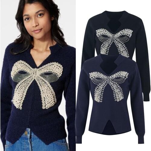 Womens Early Autumn Knitted Pullover Sweater Fashion Sexy V-Neck Beaded Bow Pattern Knitted Top 2021Retro Japanese Korean Style