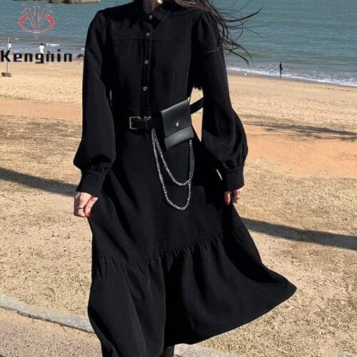 2021 Spring Autumn Women Black Dress Loose Asymmetrical Ladies Vestidos Long Sleeve Female Dresses Plus Size M- 4XL Robe