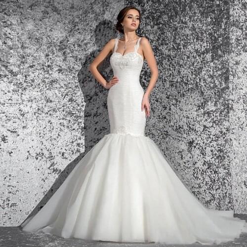 Custom Made Tank Shoulder Sweetheart Neck Lace Up Beaded Appliques Pleat Elegant Mermaid Wedding Dress Vestido De Noiva Sereia