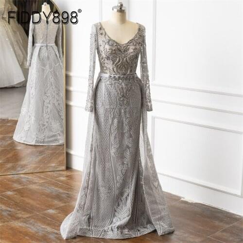 Elegant Grey Arabic Luxury V Neck Evening Dress Long Sleeve Party Dress Beaded Lace Formal Evening Gown for Woman robe de soirée