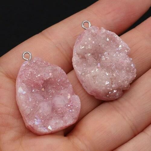 1pcs Natural Stone Crystal Druzy Charm Pendant Pink for Necklace Bracelet Earring Jewelry Making Women Gift Size 20x25-23x30mm
