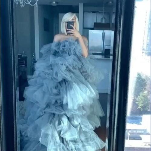 2020 Lush Ruffles Tiered Tulle High Low Women Dresses To Party Off The Shoulder Puffy Long Prom Gowns Vestido De Mulher