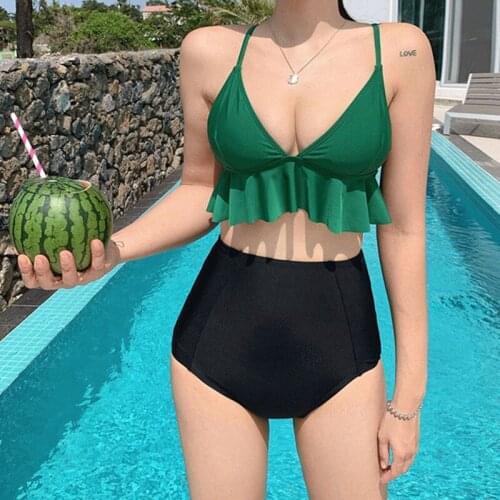 2021 Trendy Design Two-Piece Swimwear for Women Two Color Ruffled Crossover Strap Tankini Set Summer Beach Swimsuit