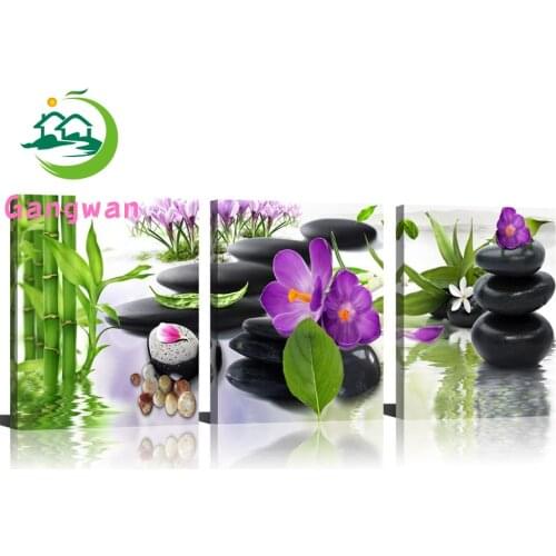 3 Panel Modern Spa Bamboo Zen Stone Purple Flower Photo Diamond Painting Cross Stitch Mosaic Picture Embroidery Handicraft decor
