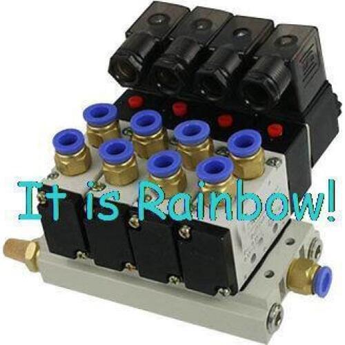 4V210-08 AC 220V Quadruple Solenoid Valve Mufflers 8mm Quick Fittings Base Set