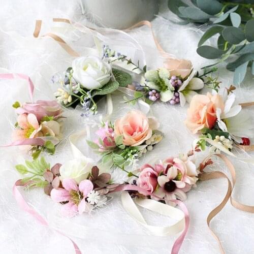 7 pcs Simulation Headband Flower Rose Wedding Wrist Floral Sisters Bridesmaid Children Dance Bracelet Hand Flower Accessories