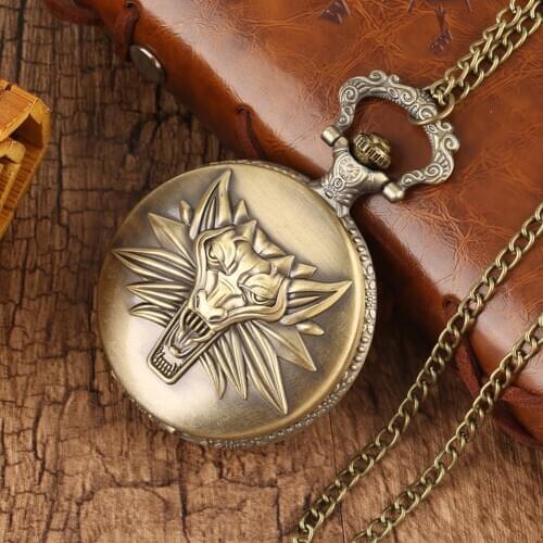 Antique Retro Bronze King of The Forest Lion Pattern Pocket Watch Arabic Numerals Round Dial High Quality Pendant Chain Clock