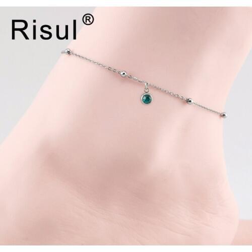 Risul zodiac birth /month stone women lucky stone thin Anklets space ball Rolo cable chain stainless steel anklets