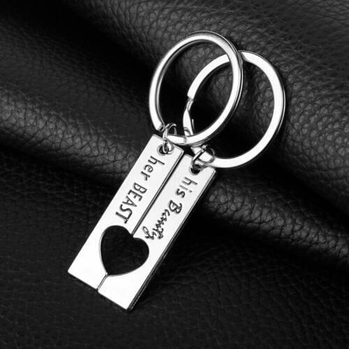 Customize Letter " his beauty her beast "keychain Metal keyrings Couples Lover Heart Key Holder Car Accessories-50