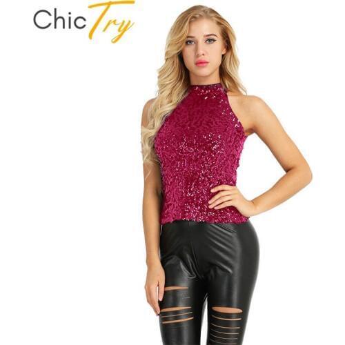 ChicTry Adult Fashion Shimmer Flashy Sequins Embellished Sleeveless Nightclub Party Rave Women Sexy Tank Tops Pole Dance Costume