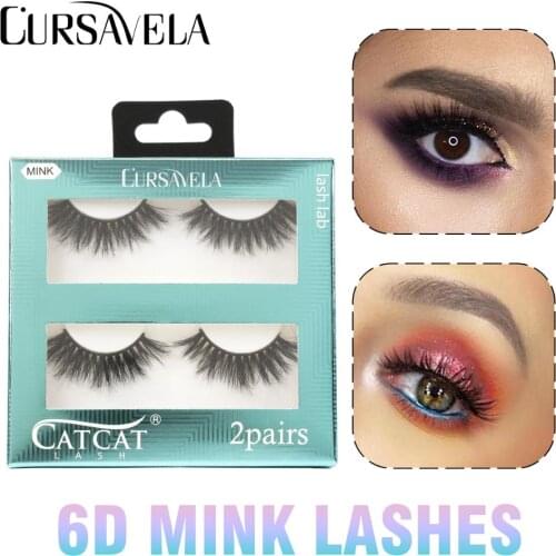 Cursavela Real Mink Lashes 3D Full Strip Mink Eyelashes Handmade Crossing Reusable Eyelashes Natural Long Fake Lashes 2 Pairs