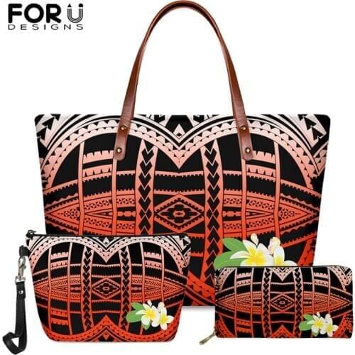 FORUDESIGNS Ladies 3pcs Crossbody PU Leather Wallet Handle Tops Bag Set Polynesian Plumeria Design Shoulder Luxury Tote Bag 2020