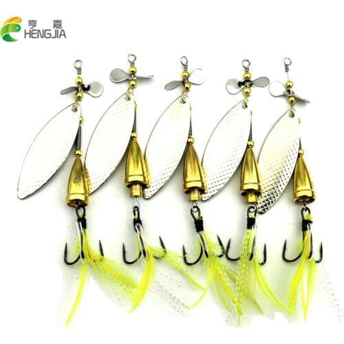 HENGJIA 5 pieces/lot 10cm 13g Silver Spinner Spoon Fishing lures Metal Fishing Tackle yellow Feather Hook