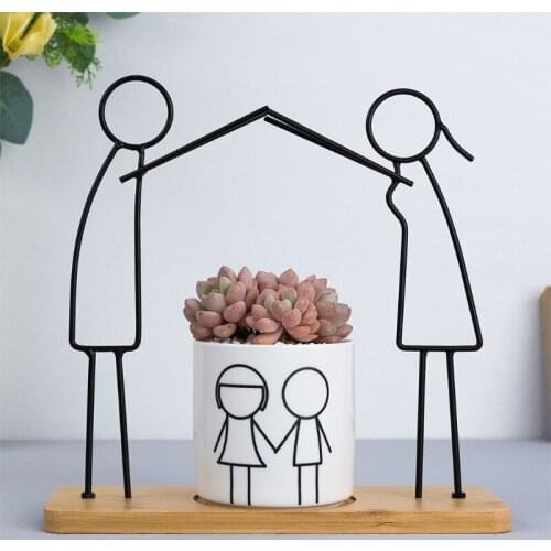 Nordic Style Ceramic Succulent Planter Wrought Iron Abstract Parent-Child Theme Plant Flower Pot Cactus Holder with Bamboo Tray