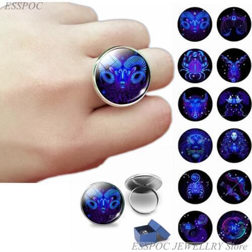 12 Constellation Ring Zodiac Art Jewelry 20 MM Ring Glass Cabochon Rings Sister Friends Jewelry for Women Birthday Gifts