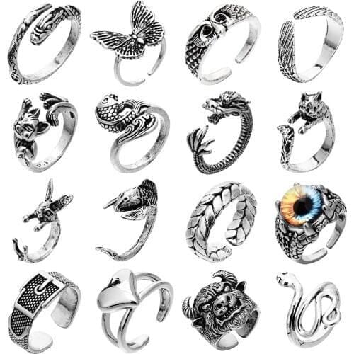 18 Styles Retro Punk Butterfly Ring For Women Men Antique Silver Color Opening Adjustable Animal Rings Gift Anillo Hombre Bijoux
