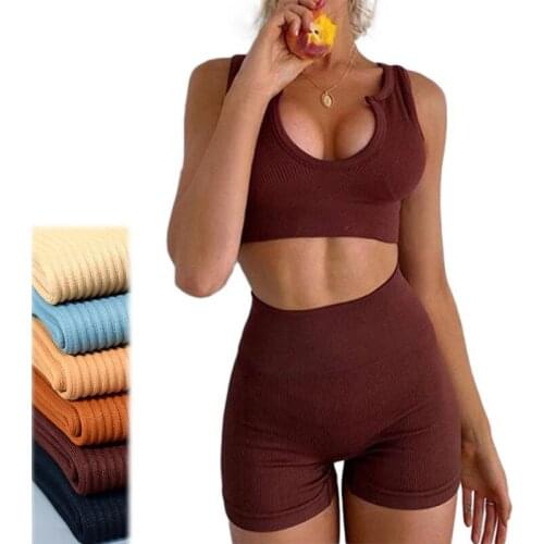 U Collar Seamless Sport Set Women Brown Two 2pcs Piece Crop Top Bra Leggings Yoga Sportsuit Workout Outfit Fitness Gym Clothes