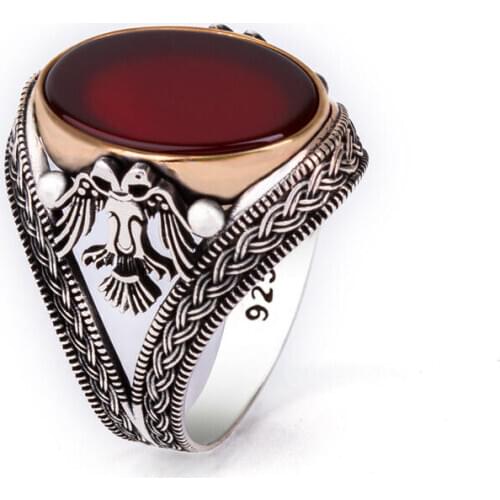 Men Handmade Silver Ring With Red Oval Agate Stone And Animal Eagle Motif, Seljuk Empire Ring, Solid 925 Sterling Silver