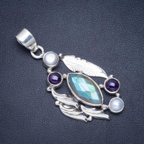 Natural Labradorite,Amethyst and River Pearl Handmade Unique 925 Sterling Silver Pendant 2" A0224