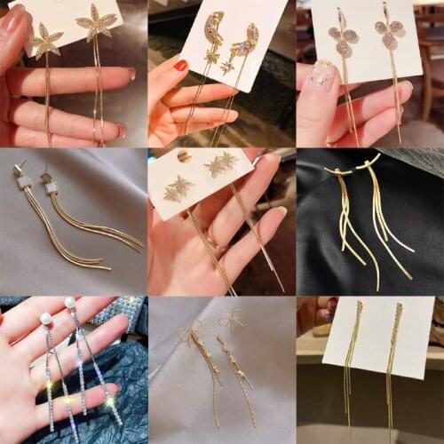 2020 New Long Crystal Pearl Bowknot Tassel Gold Color Dangle Earrings for Women Wedding Drop Earing Fashion Jewelry Gifts