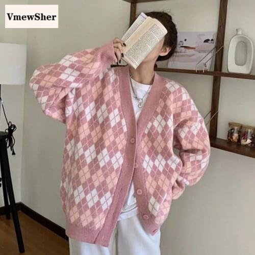 VmewSher New Chic Argyle Cardigan Sweaters Women Elegant Plaid Single Breasted Chic Ladies Knitwear Trendy Daily Autumn Outwear