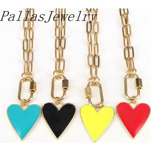5Pcs Fashion plated copper Carabiner with enamel heart shape charm necklace jewelry,popular copper chain necklace