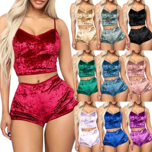 Plus Size Pajama Set Women Sexy Velvet Summer Romper Outfit Sleeveless Crop Top Camisole Shorts Sleepwear Solid Color Pyjama 3XL