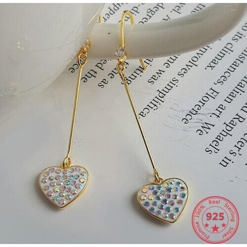 Korean New Style 925 Silver Colorful Diamond Heart Drop Earrings Dangle Earrings Jewelry