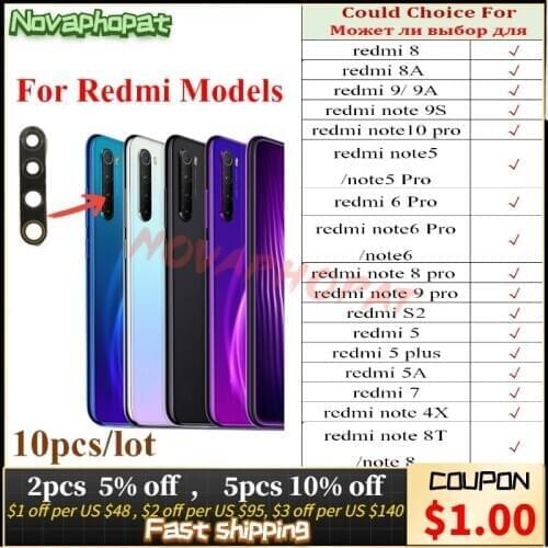 Novaphopat Real Camera Glass For Xiaomi Redmi Note 8T 8 8A 9 9A 9S 4X 5 5A 6 7 S2 10 Pro Plus Back Rear Camera Glass Lens 10pcs