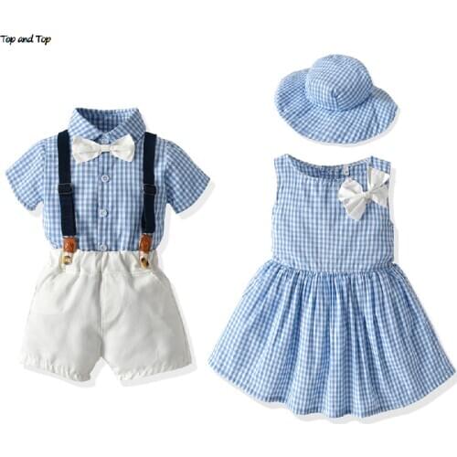 Top and top Brother and Sister Baby Matching Outfits Toddler Infant Boys Gentleman Suit+Princess Girls Tutu Dress Plaid outfit