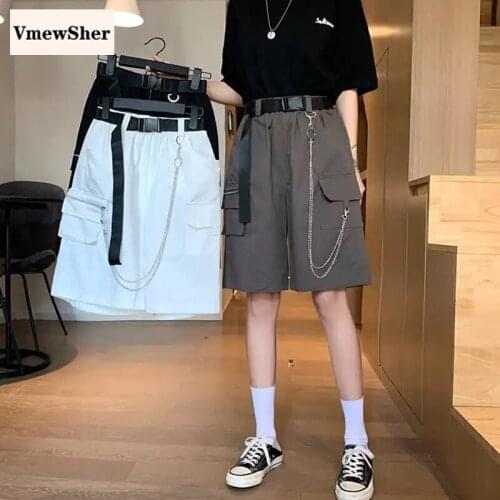 VmewSher New Summer Women Shorts with Belt Chain Short Cargo Pants Elastic High Waist Wide Leg Solid Female Pockets Loose Pants