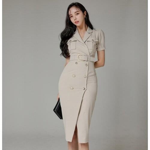 New Fashion Summer Midi Bodycon Dress Ladies OL Professional Temperament Suit Collar Double Breasted Pockets Belt Skinny Dress