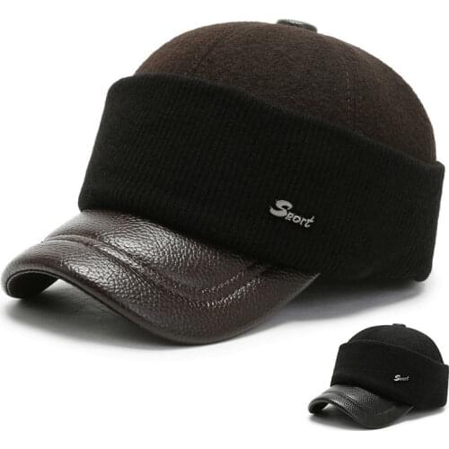 Winter Mens Middle-aged and Elderly Woolen Leather Baseball Cap Old Man Mens Warm Outdoor Leather Sheepskin Knitted Berets Hat